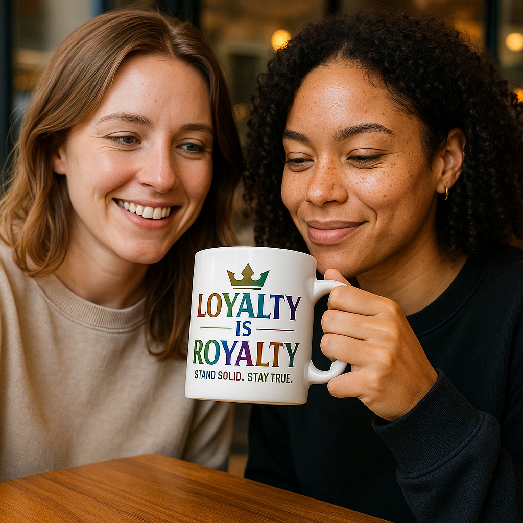 Loyalty Is Royalty rainbow text Mug | Ceramic coffee cup
