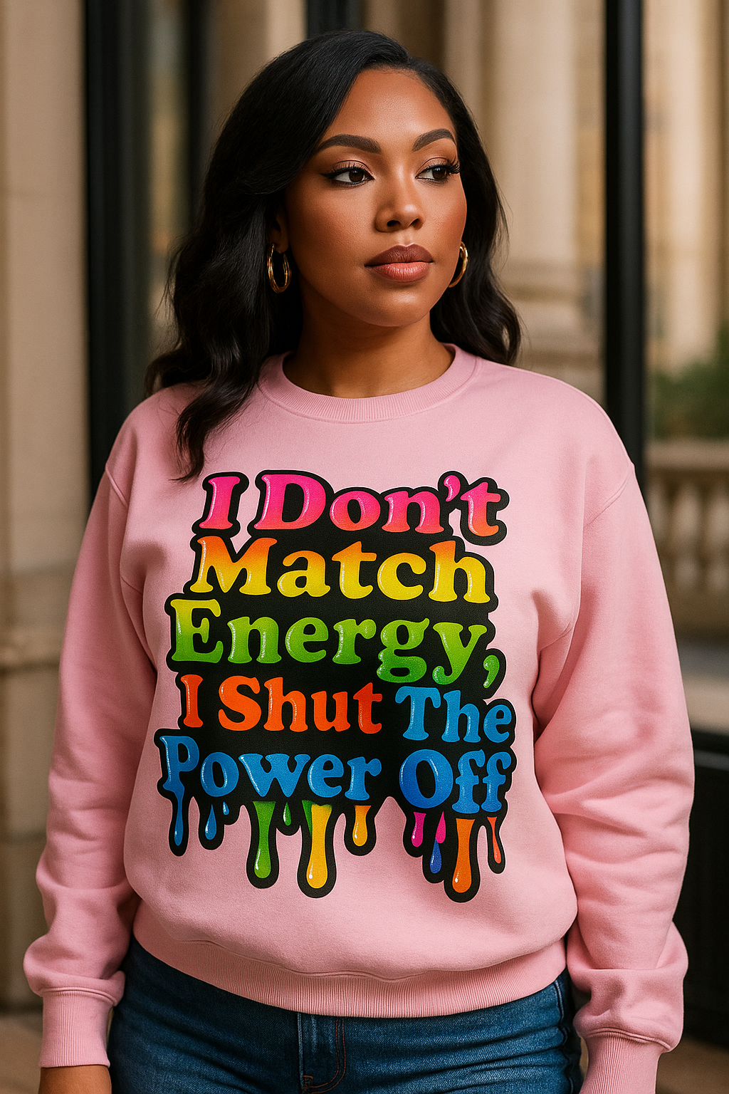 I Don't Match Energy Crewneck Sweatshirt — Rainbow Drip Graphic